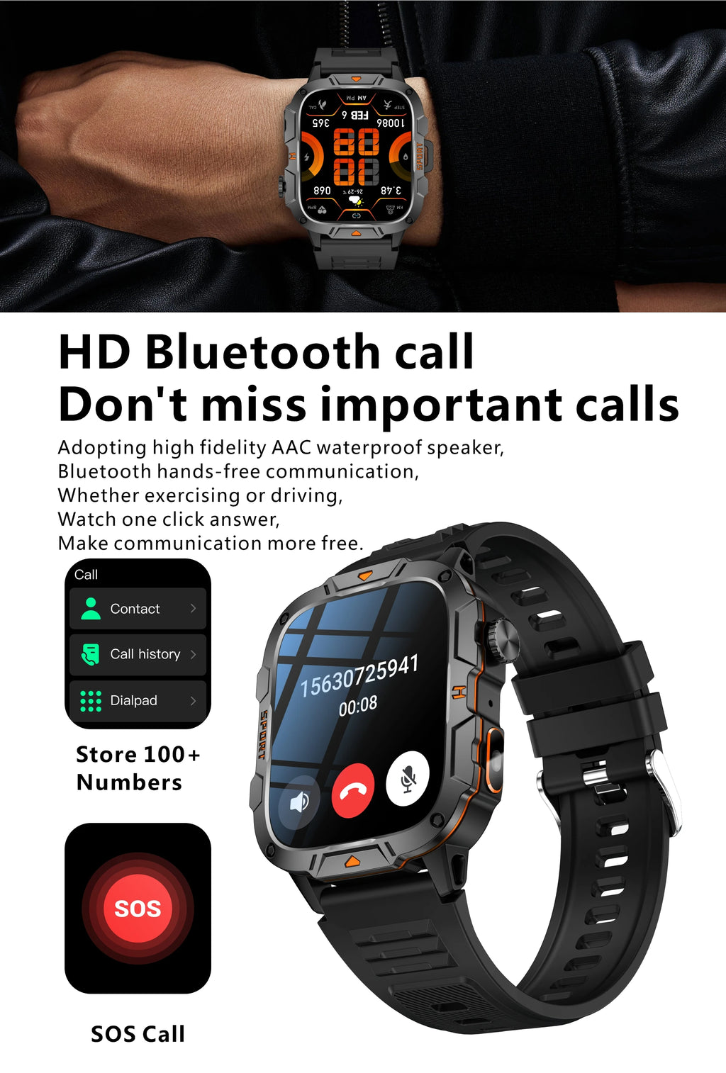 2026 New Military Grade Smart Watch Men 1.96" AMOLED Screen 5ATM Waterproof Sports Fitness Tracker BT Call Smartwatch