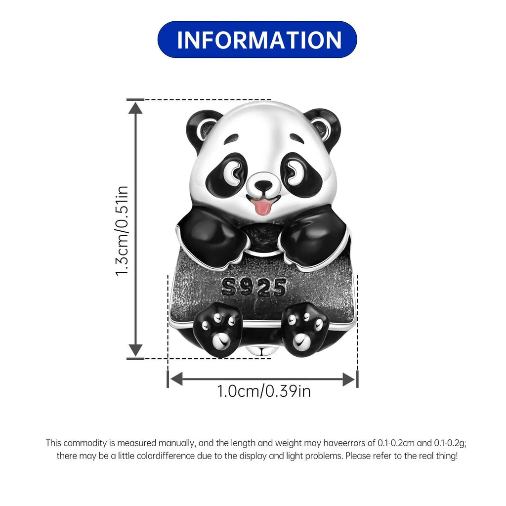 Cute panda charm in 925 sterling silver, 1.3cm tall. Trendy animal bead pendant for DIY charm bracelets and pet lovers.