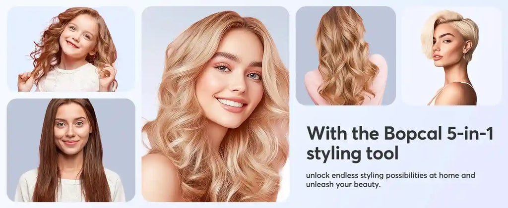 Bopcal 5-in-1 hair dryer and styling tool set showing women with various curly and straight hairstyles.