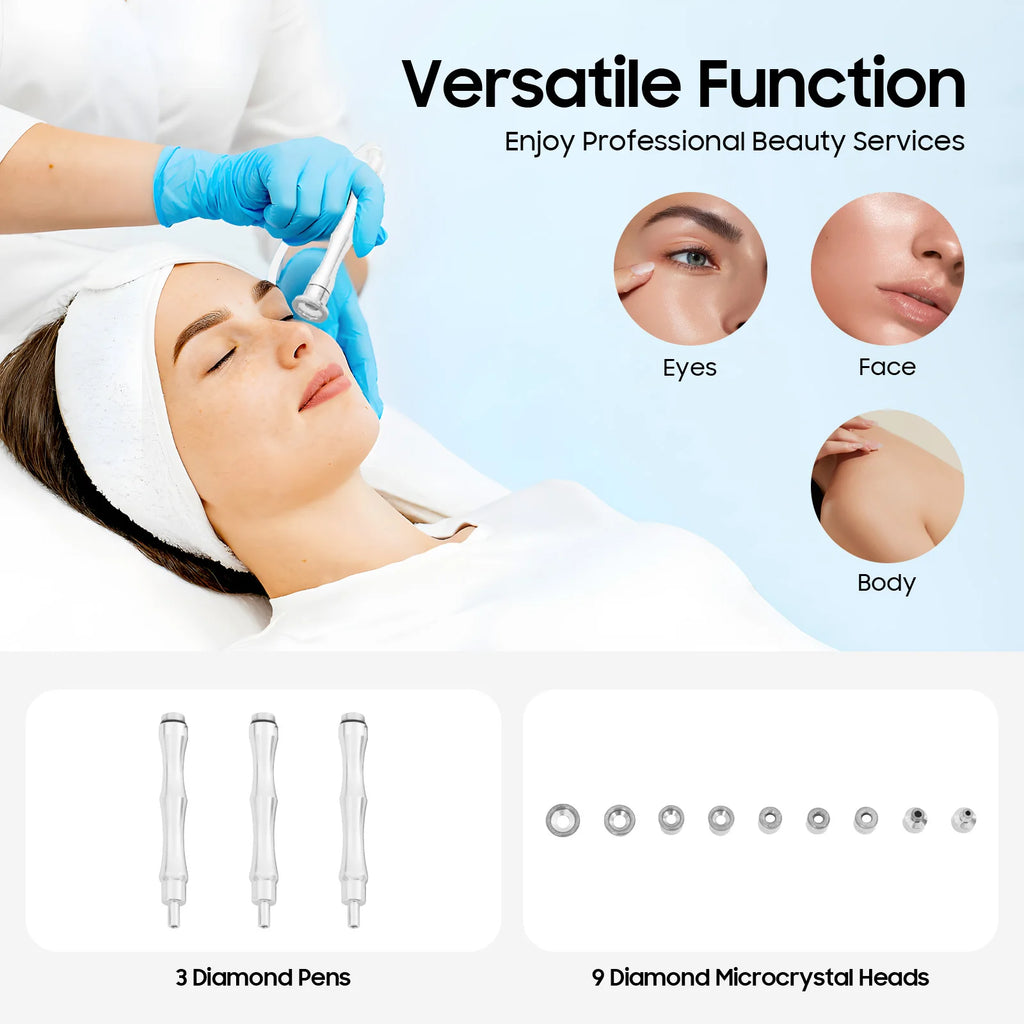 Diamond microdermabrasion device with 3 pens, 9 suction heads for face and body skin exfoliation and facial care.