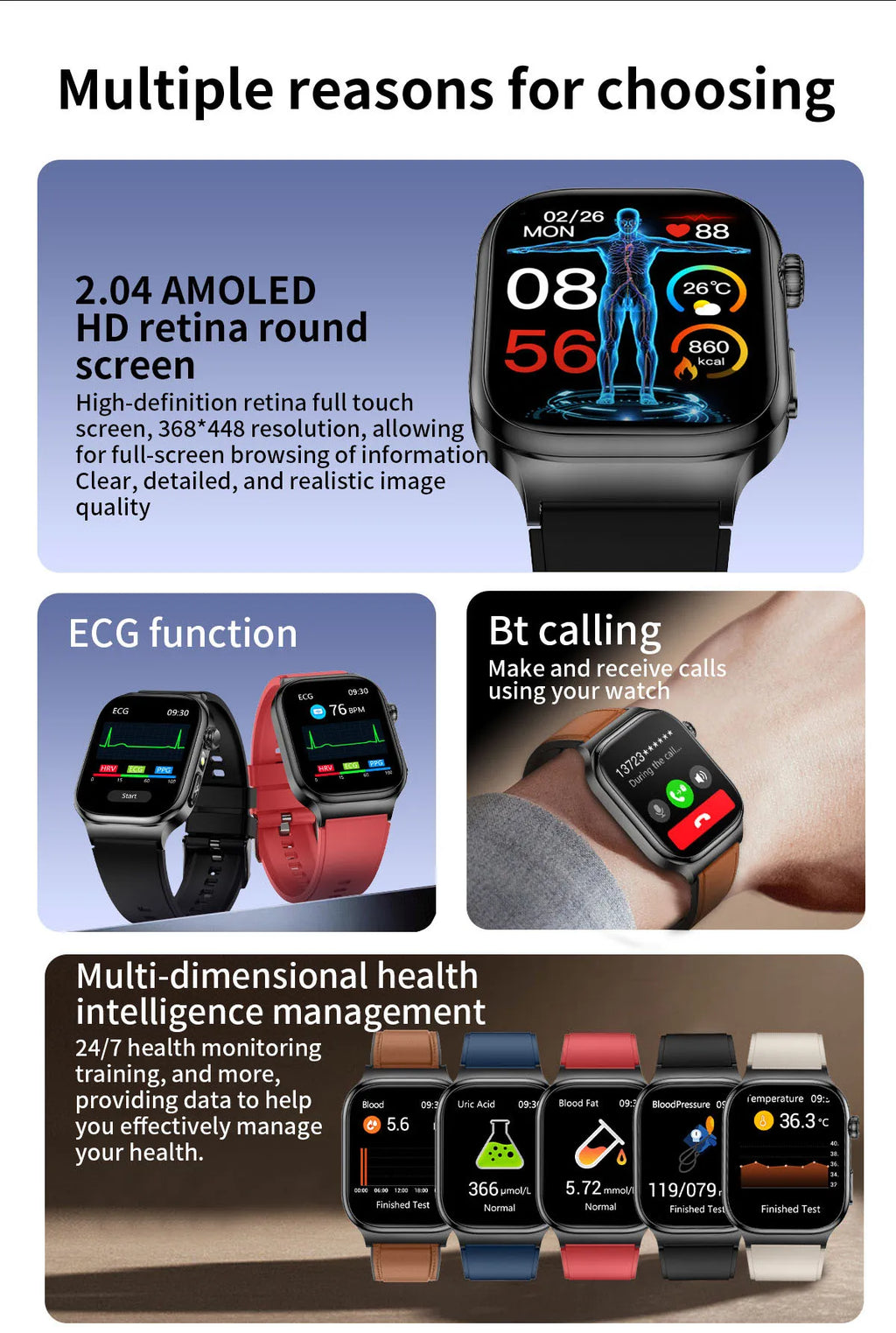 2026 New ECG Heart Health Analysis Smart Watch Accurate Uric Acid Blood Pressure Body Fat Five organ Fitness Health Smart Watch
