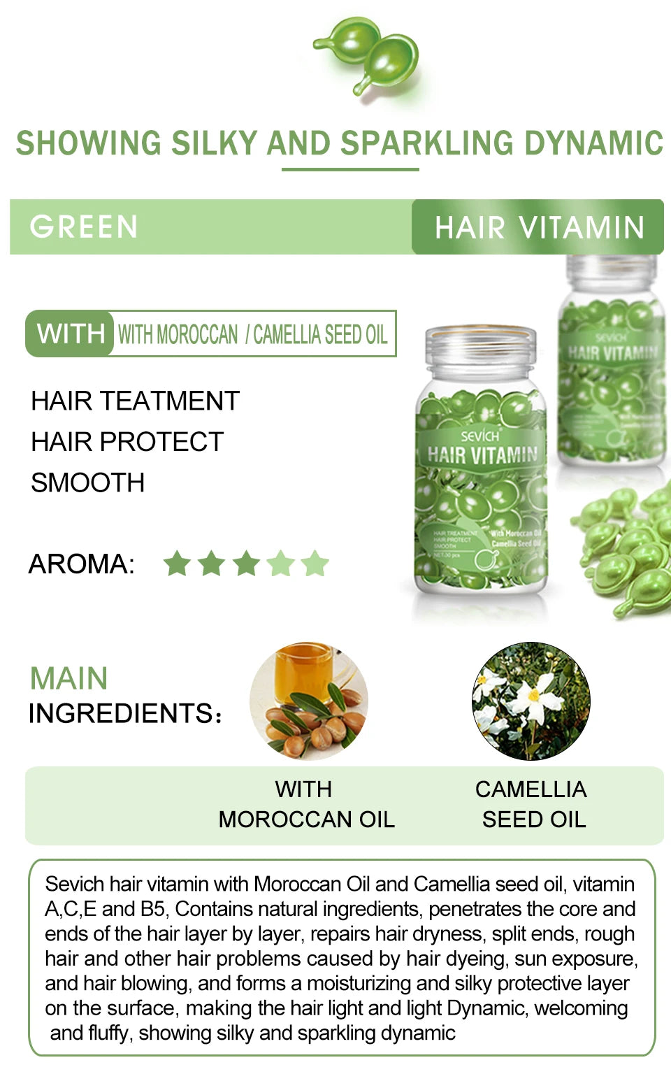 Sevich 30pc Moroccan Oil Hair Vitamin Capsules for silky repair, damaged hair treatment, and smoothing serum by Tidesmit.