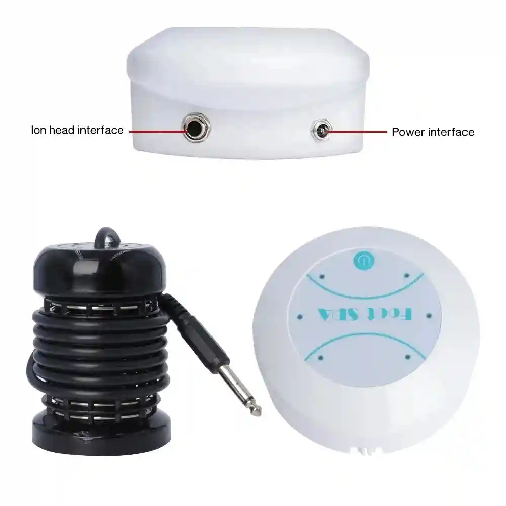 Ionic detox foot spa machine with black array and white control unit featuring power and ion head interfaces.