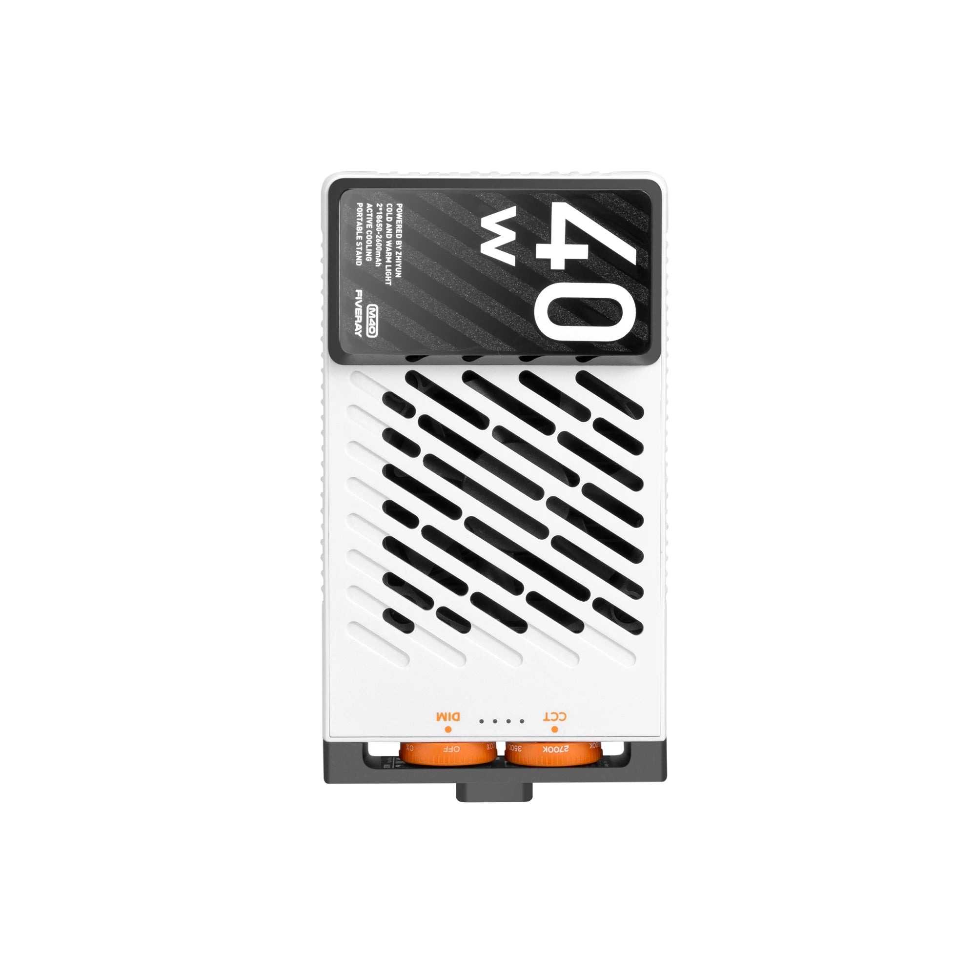 White, rectangular 40W portable LED video light with a black vent grill and two orange circular brightness controls.