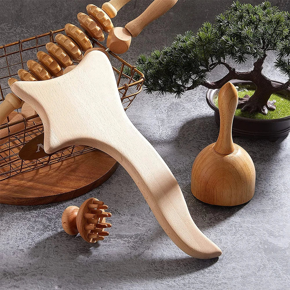 Wood Therapy Massage Tool - 6-Piece Lymphatic Drainage Recovery Set Fascia Gun Tidesmit