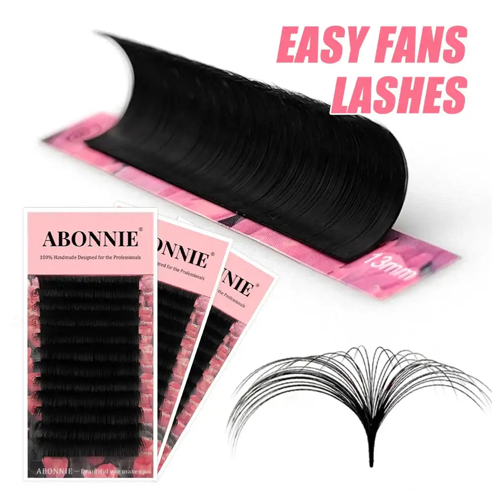 Abonnie black cashmere easy fan eyelash extension trays with a single, flared mega volume fan.