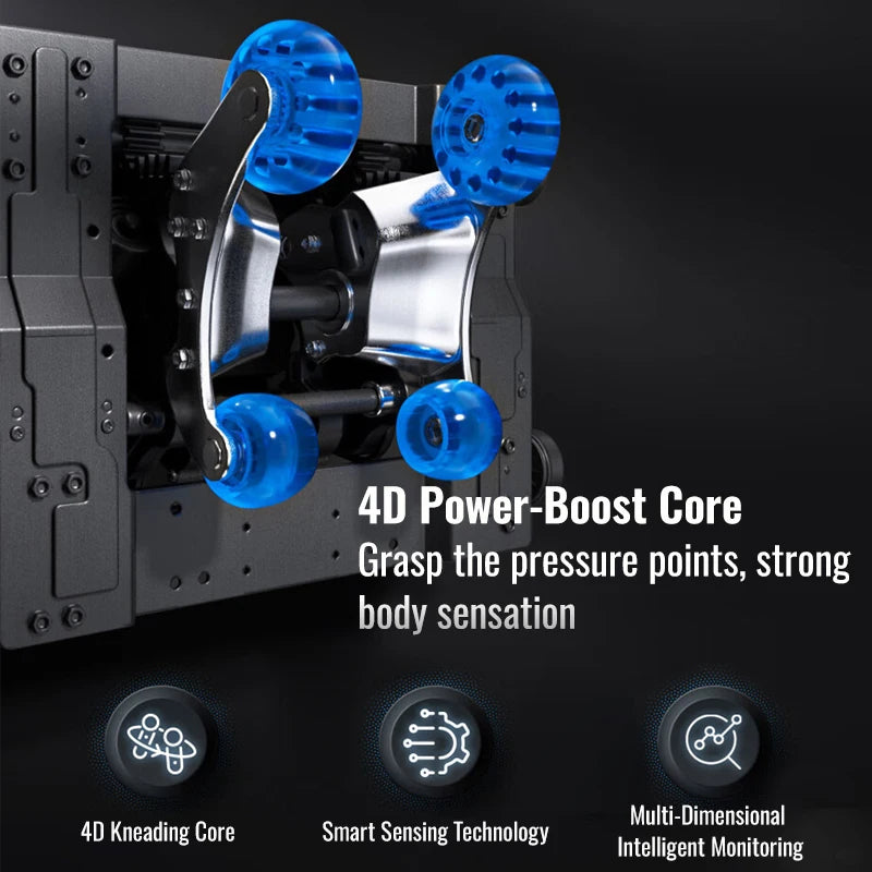 Close-up of a 4D massage chair mechanism with blue rollers, metallic frame, and text detailing smart sensing features.