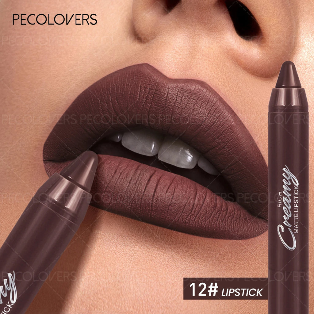 Pecolovers creamy matte lip liner lipstick in deep brown for plump, defined lips with a smooth, velvety finish.