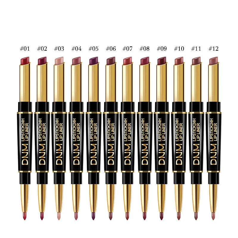 DNM 12-color 2-in-1 matte lipstick and lip liner pen set with long-lasting waterproof formula in sleek gold casing.
