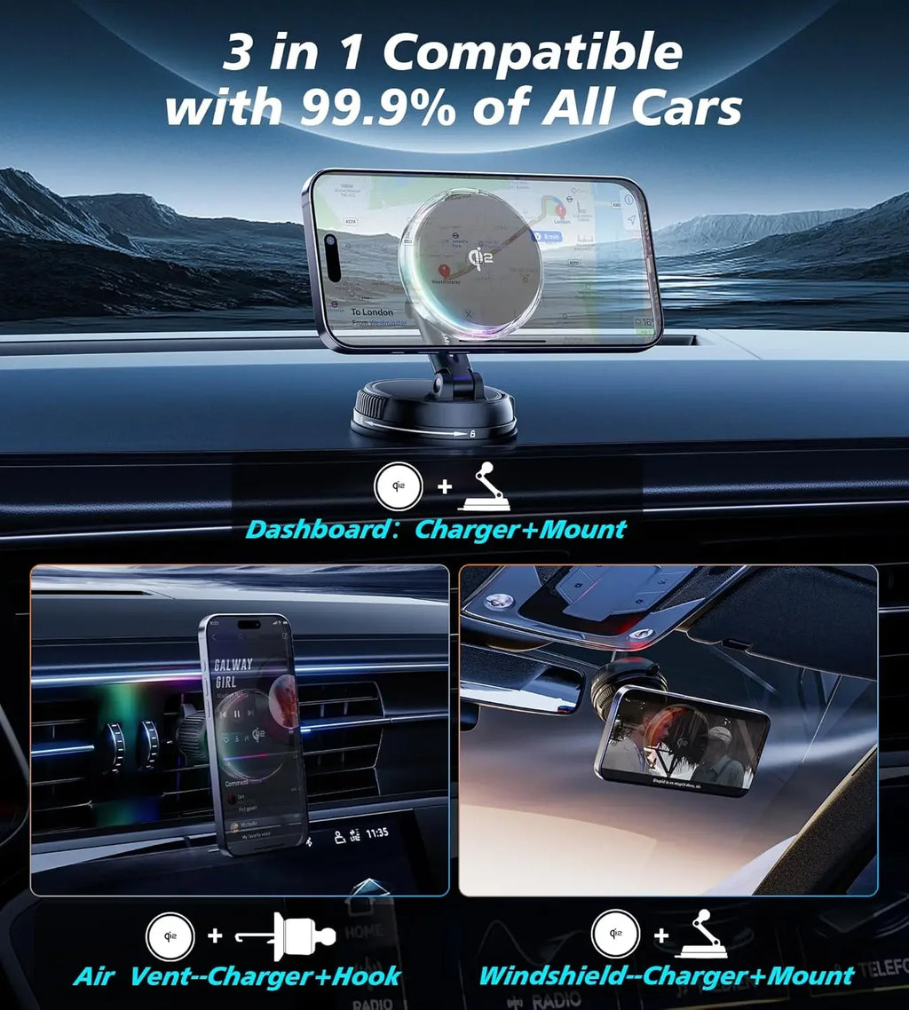 Magnetic Wireless Car Charger with RGB Cooling - MagSafe Compatible Tidesmit