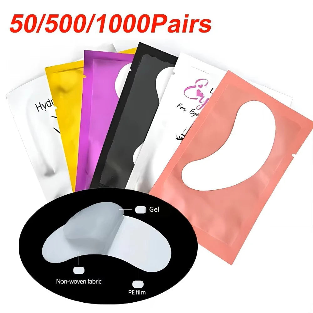 Colorful under-eye gel patches in foil packets for eyelash extensions, featuring non-woven fabric and PE film texture.