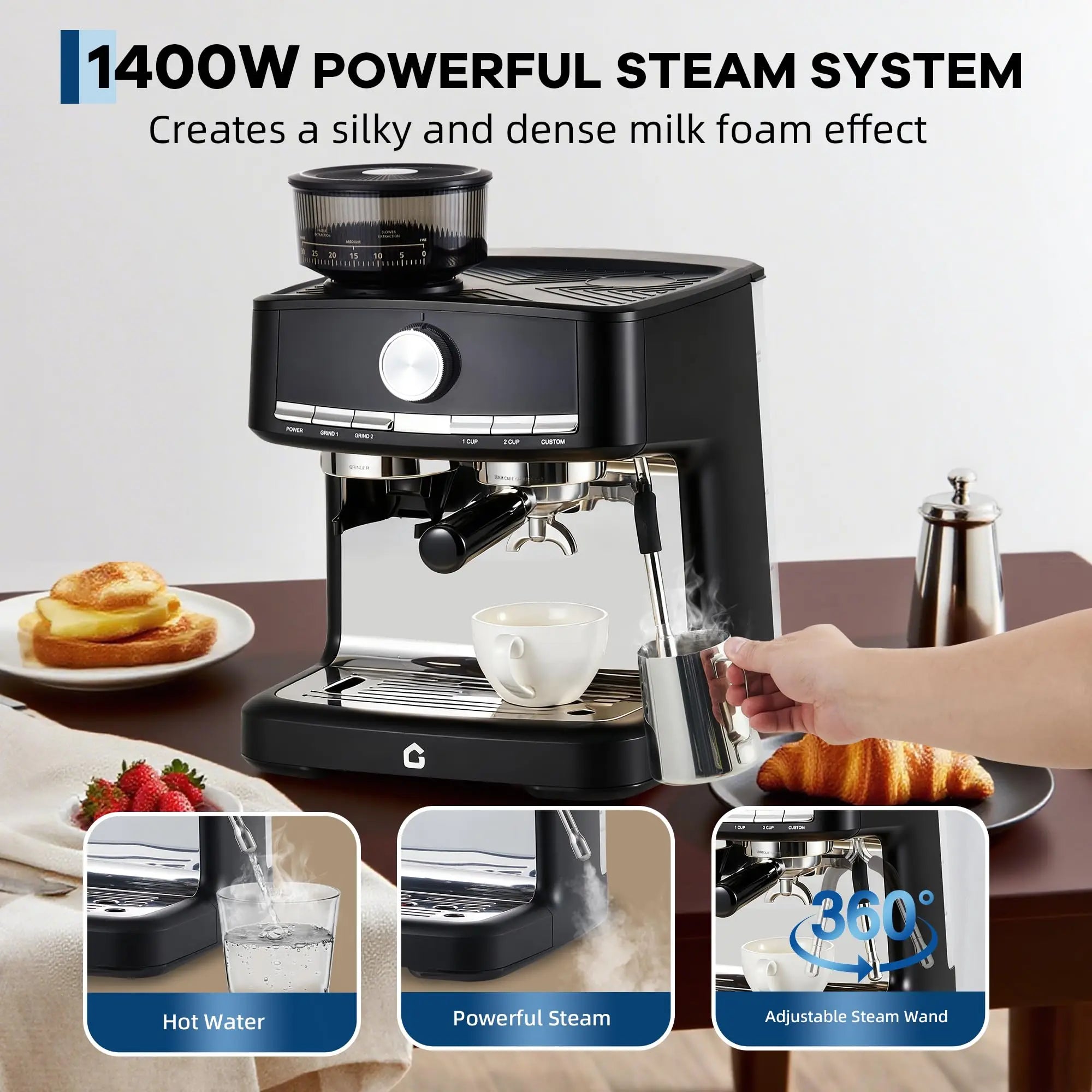 Black 1400W espresso machine with built-in grinder, 360-degree steam wand, and stainless steel accents for home barista.