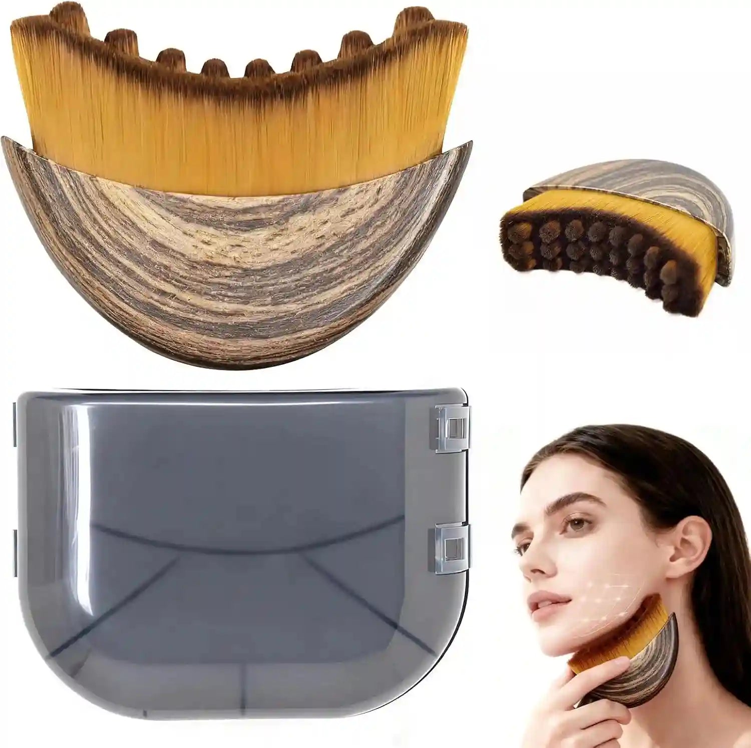 Crescent-shaped facial brush with wood-grain handle, soft yellow-tipped bristles, and a grey protective case.