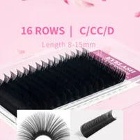Tray of 16 rows of black individual false eyelash extensions with C, CC, or D curls in 8-15mm lengths.