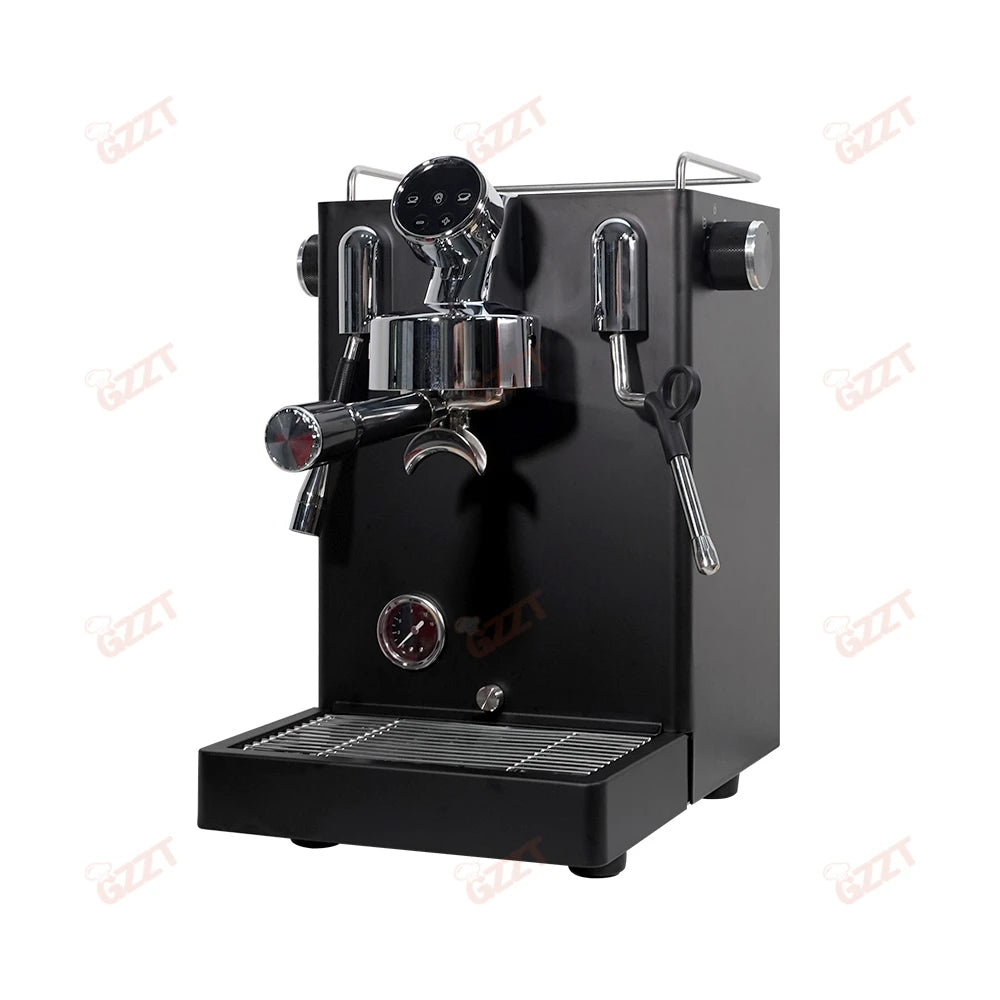 GZZT matte black professional espresso machine with chrome group head, portafilter, steam wand, and built-in gauge.
