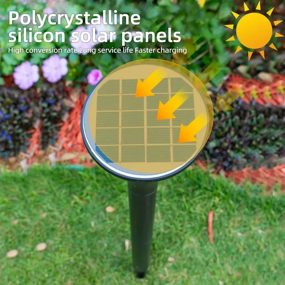 Black solar landscape light with a square polycrystalline panel, staked upright in a grassy garden.