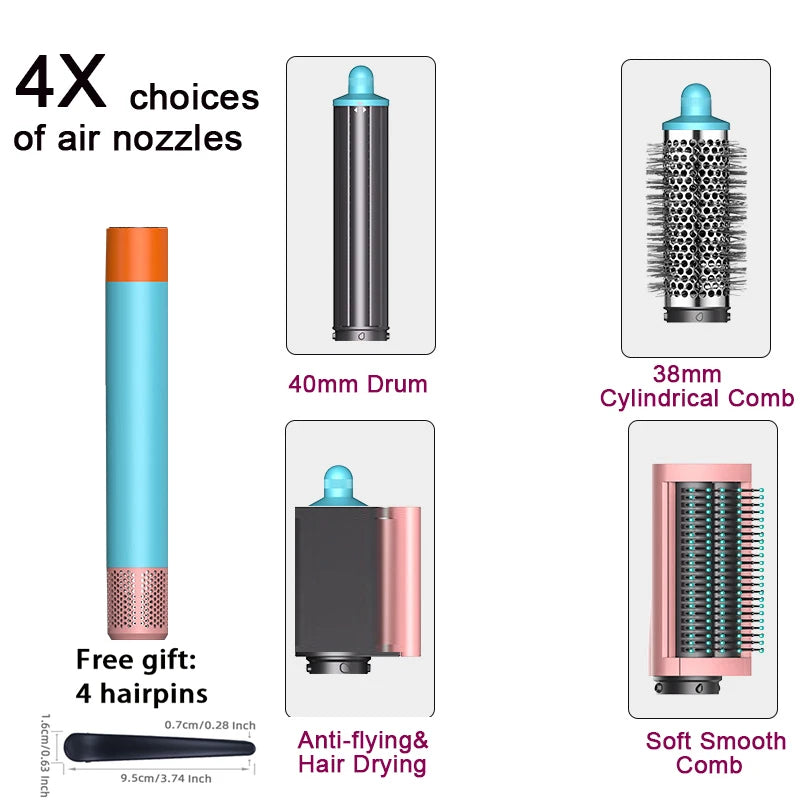SenCiciMen 6-in-1 multi hair styler set with 4 air nozzles, curling barrels, dryer, and combs in colorful design.