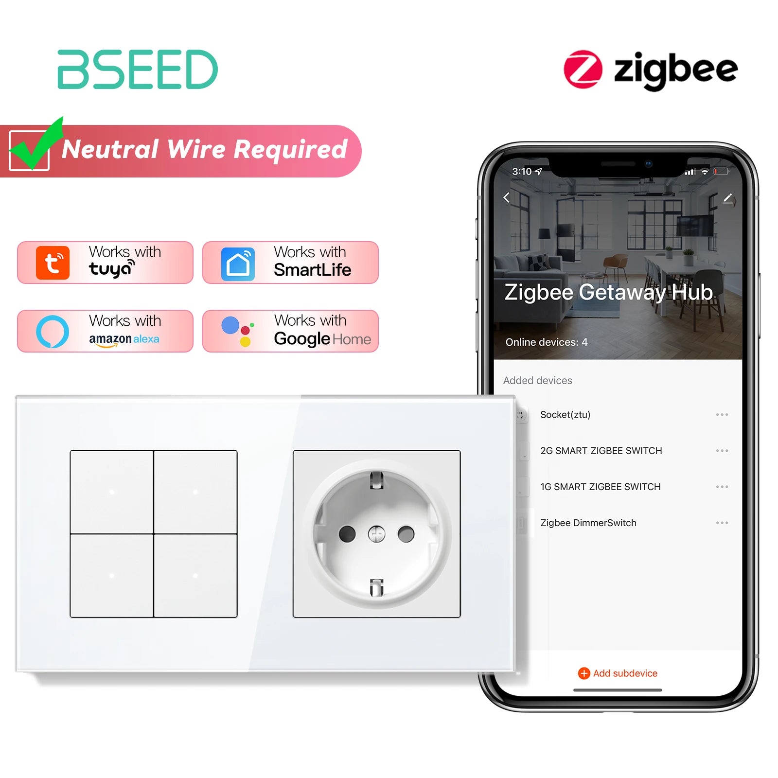 Zigbee Smart Light Switch with USB-C Port - EU Standard | Tidesmit 4Gang Socket EU standard Tidesmit