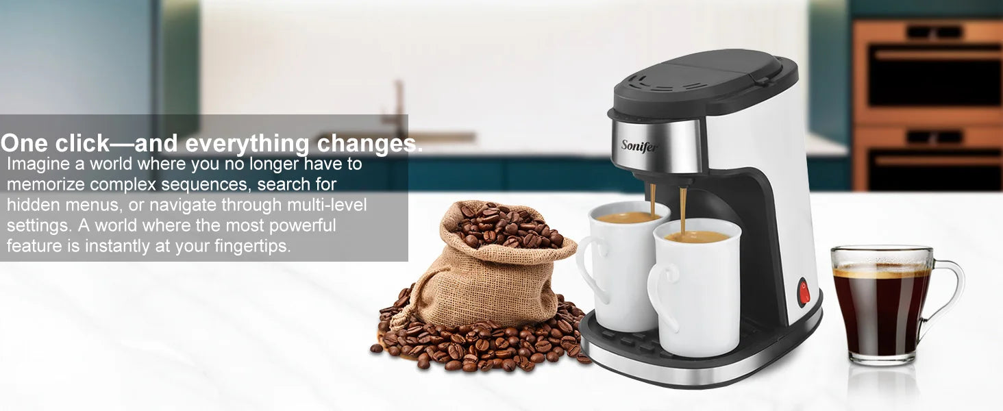 Sonifer dual-cup drip coffee maker in white and black, brewing into two white ceramic mugs near coffee bean bag.