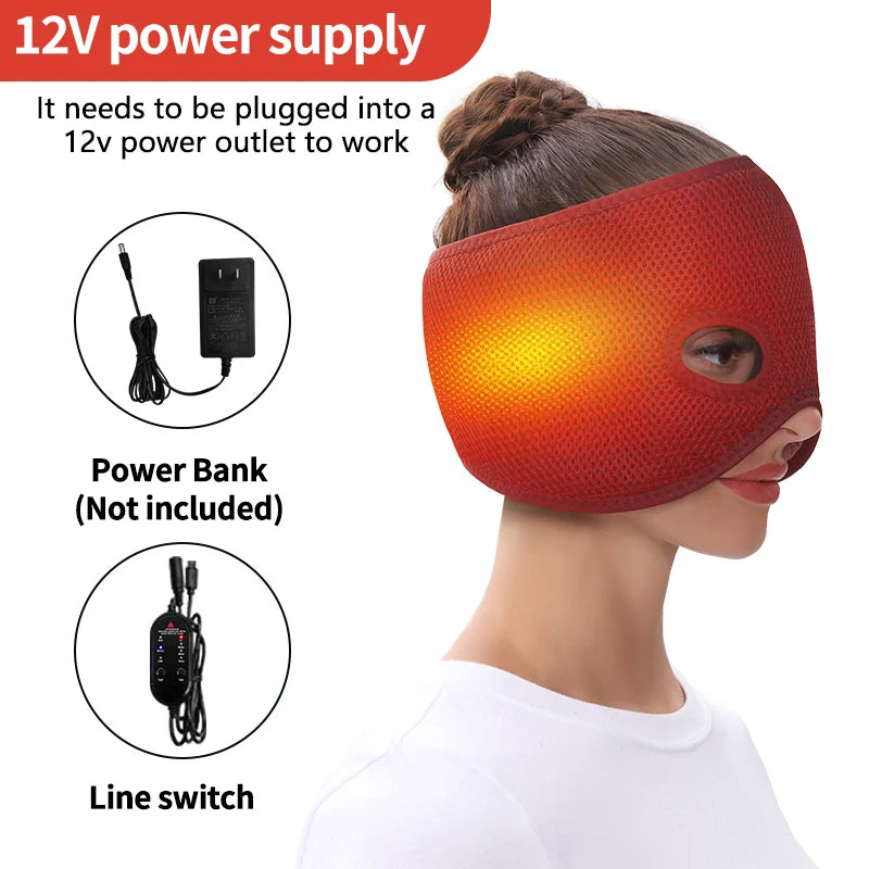 A red air-layer fabric heating half-face mask on a model, showing a 12V power adapter and inline controller.