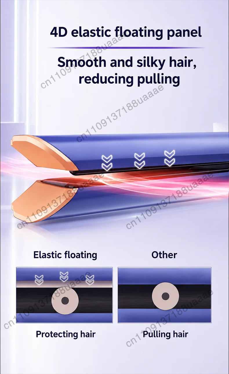 Blue and gold 2-in-1 hair straightener with 4D elastic floating panels for smooth, snag-free professional styling.