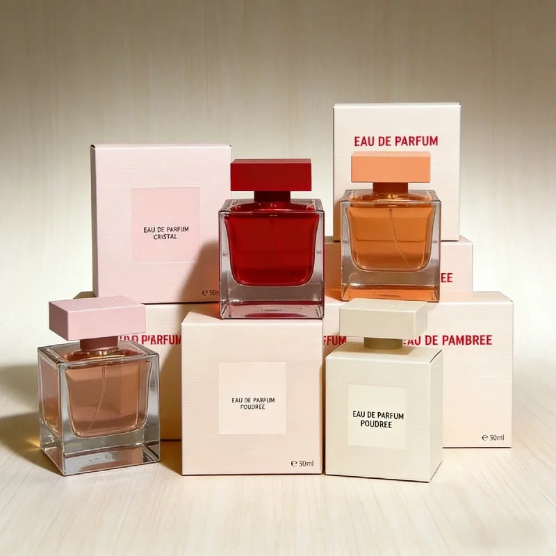 Women's woody floral Eau de Parfum collection. 50ml square glass bottles with caps. Long-lasting musk perfume gift set.