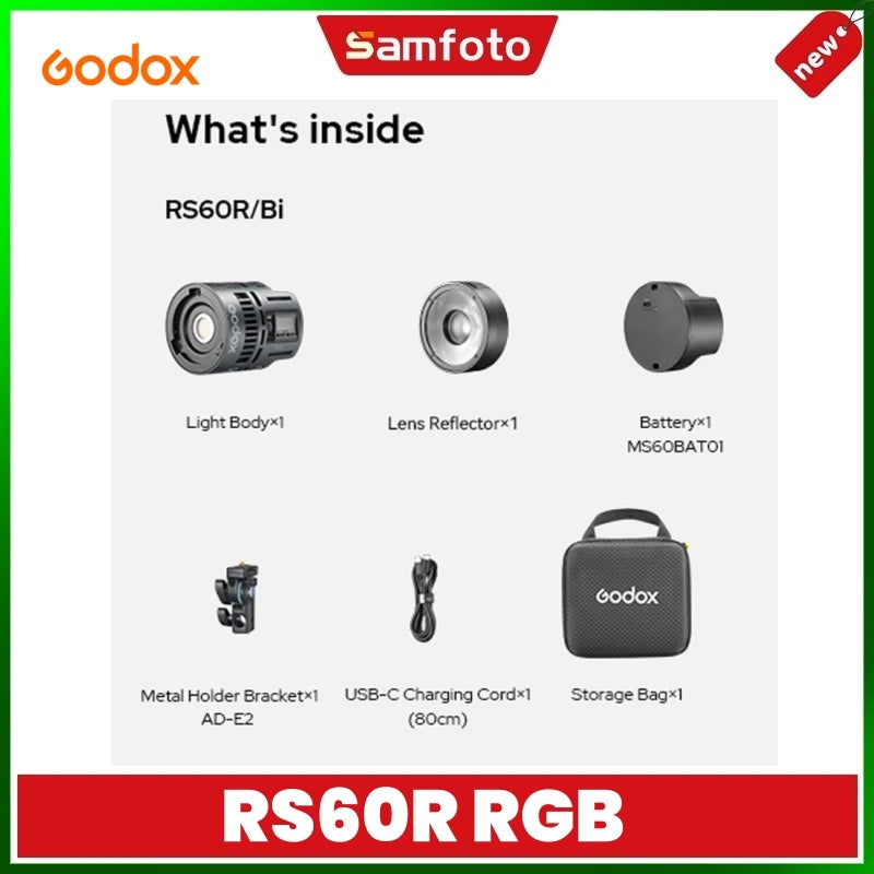 RS60R/Bi lighting kit including a circular light body, reflector, battery, metal bracket, USB-C cable, and carry case.