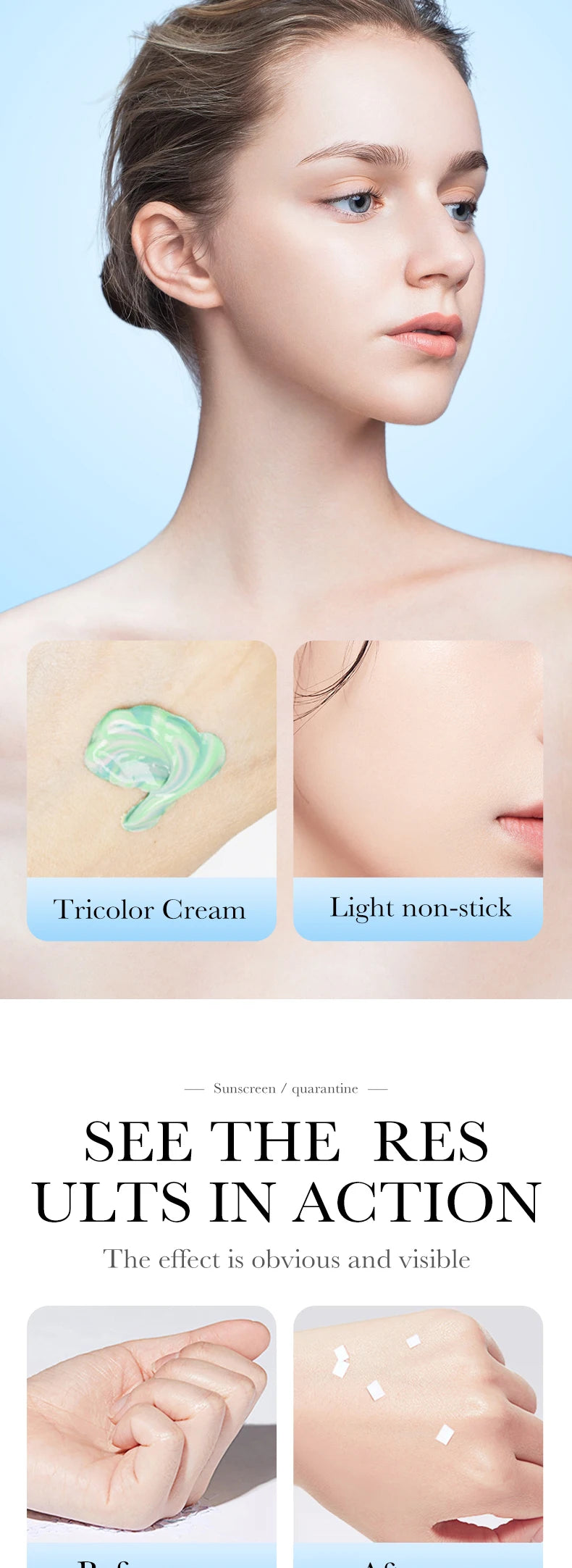 Tidesmit tri-color face makeup primer and color correcting base cream texture close-up for natural foundation finish