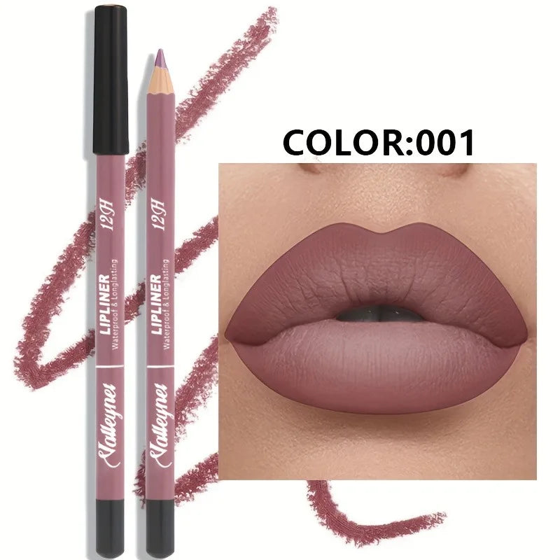 Long-lasting waterproof velvet matte lip liner pencil in dusty rose shade, showcased with lips and swatch.