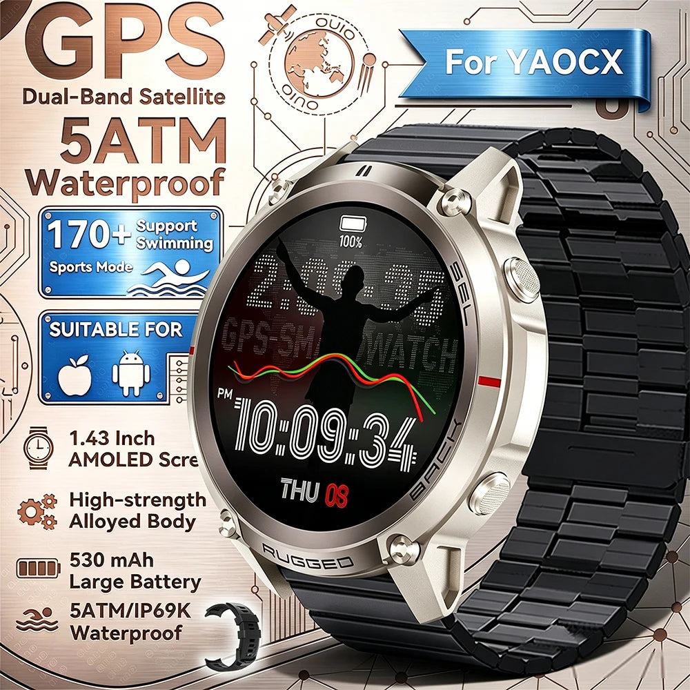 2026 New Outdoor GPS Smart Watch Map Compass Navigation 5ATM Waterproof Bluetooth Call 100+Sport Mode Men AMOLED HD Smart Watch