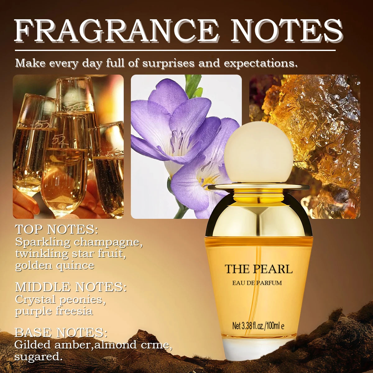 MINISO The Pearl 100ml EDP: Luxury floral women's perfume, round bottle, champagne, peony, and amber fragrance notes.