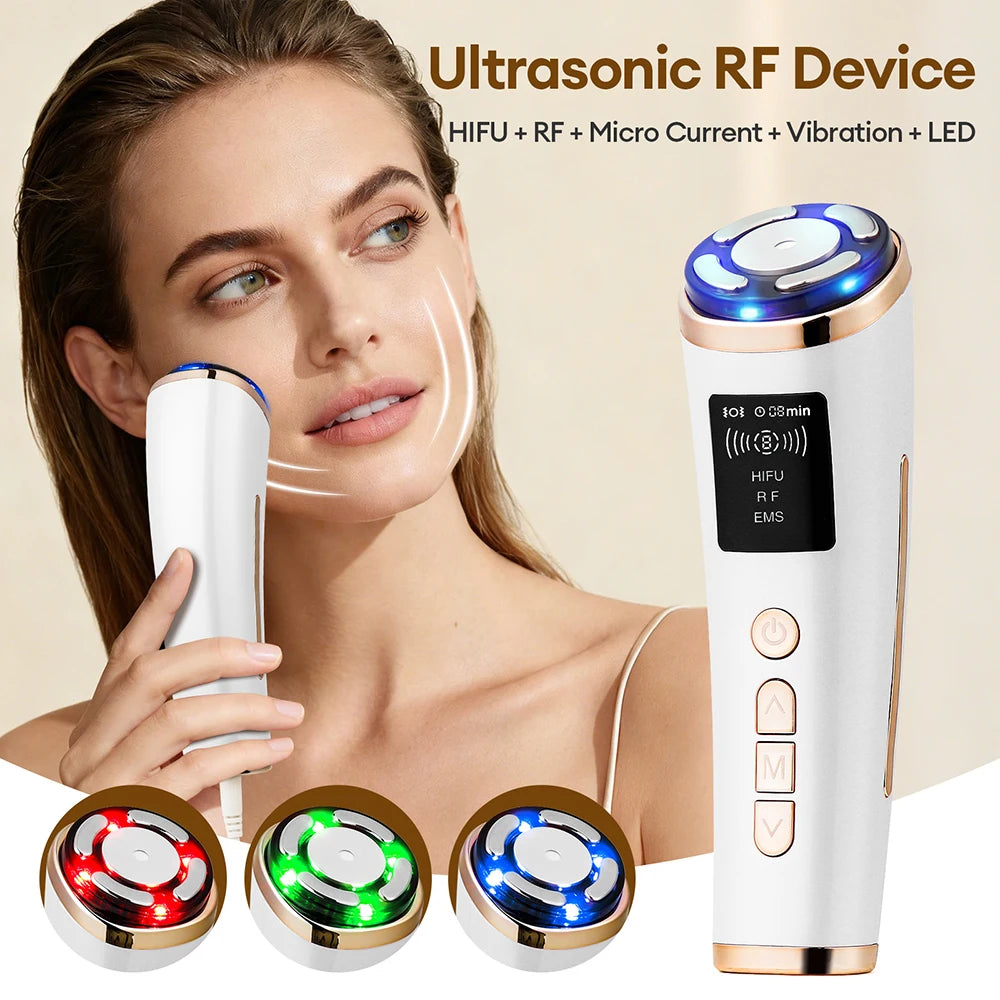 White and gold handheld ultrasonic RF facial massager with LED light therapy, digital display, and function buttons.