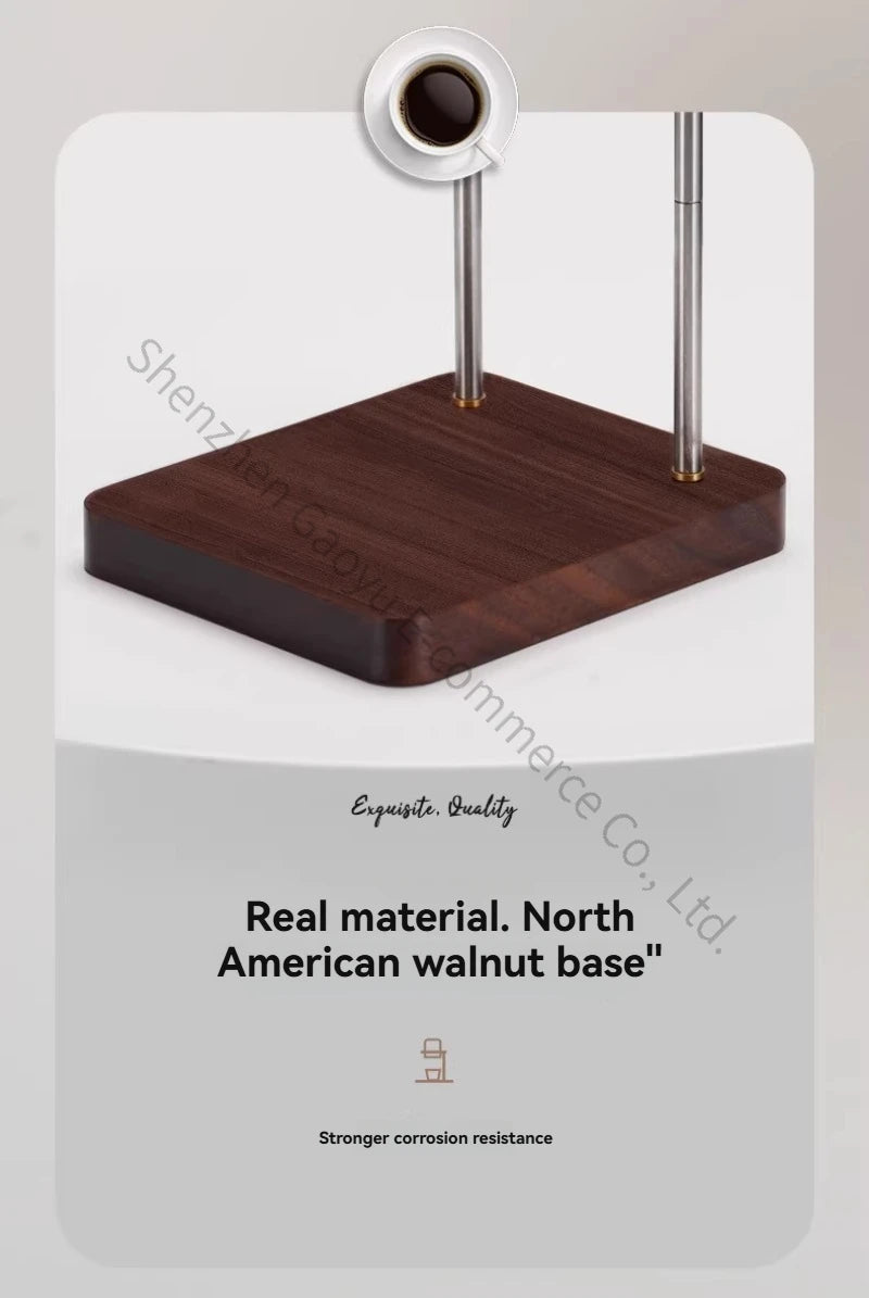 Coffee pour-over stand with North American walnut wood base and stainless steel support rods.