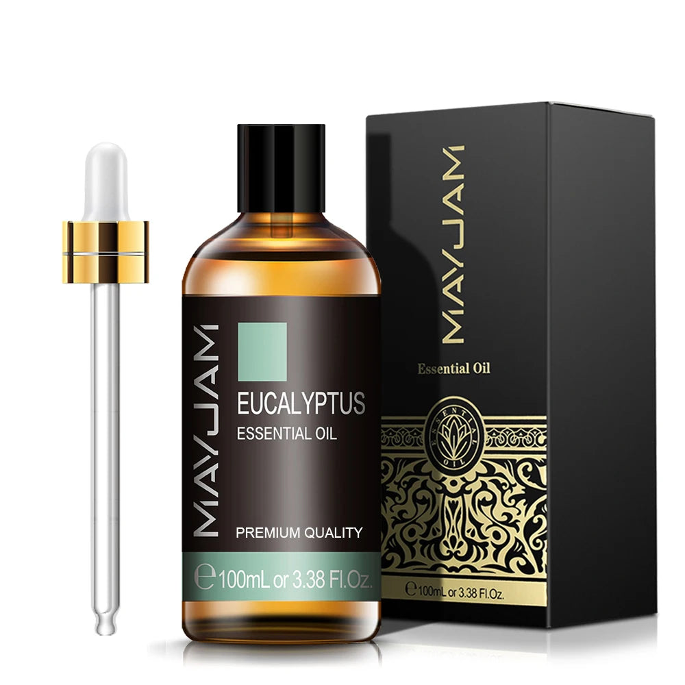100 mL eucalyptus essential oil bottle with gold cap and matching dropper