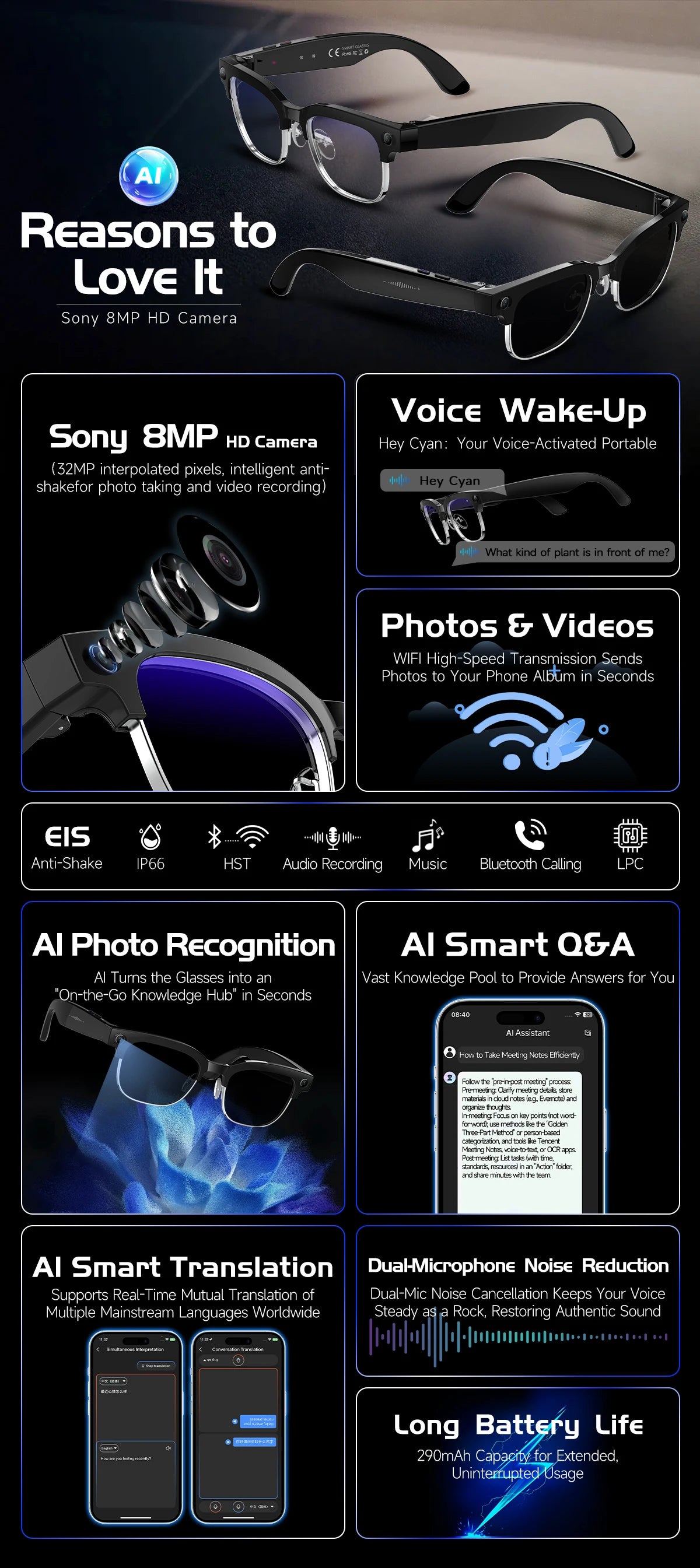 AI Smart Glasses with 8K Camera - Black Bluetooth Mixed Reality Headset Tidesmit