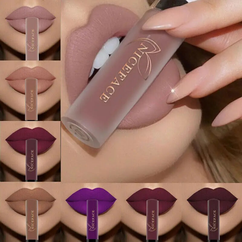 Niceface waterproof liquid lipstick set in various matte shades, featuring long-lasting, highly pigmented lip makeup.