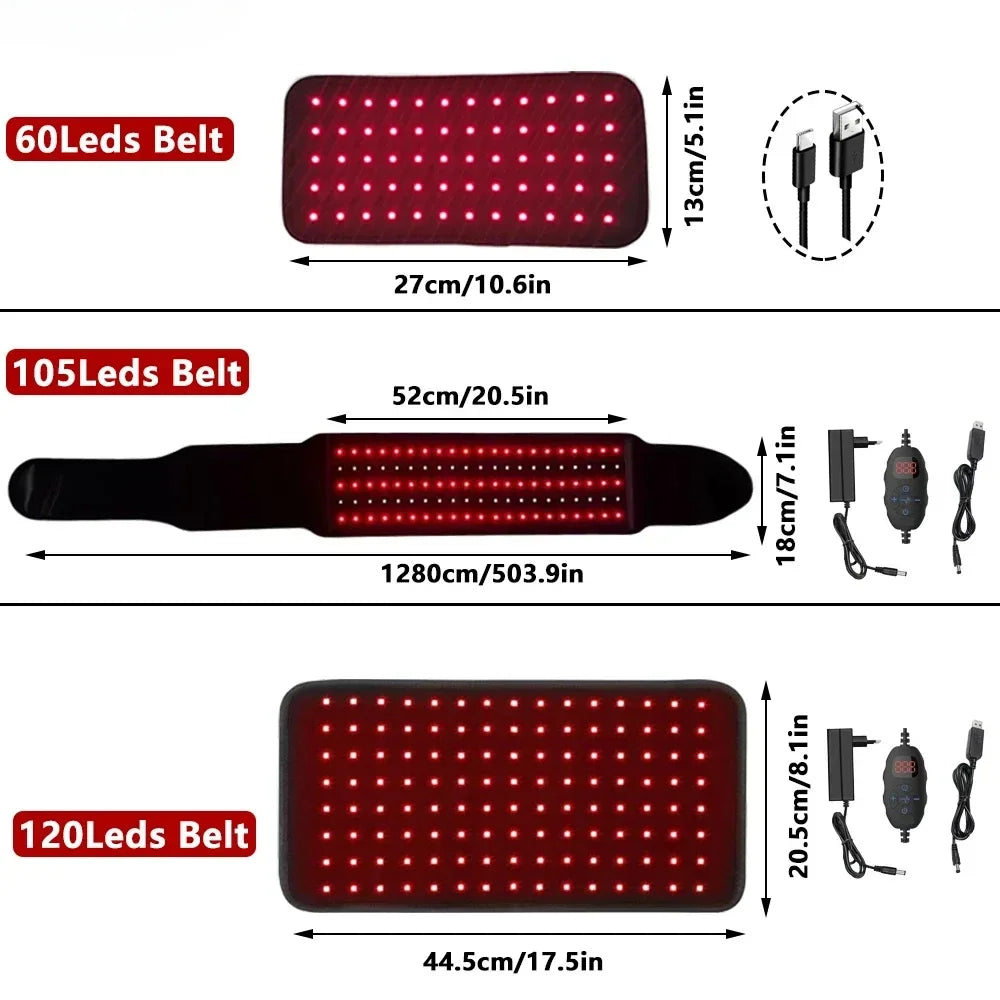 Red light therapy belts with 60, 105, or 120 LEDs for infrared pain relief, body shaping, and joint recovery.