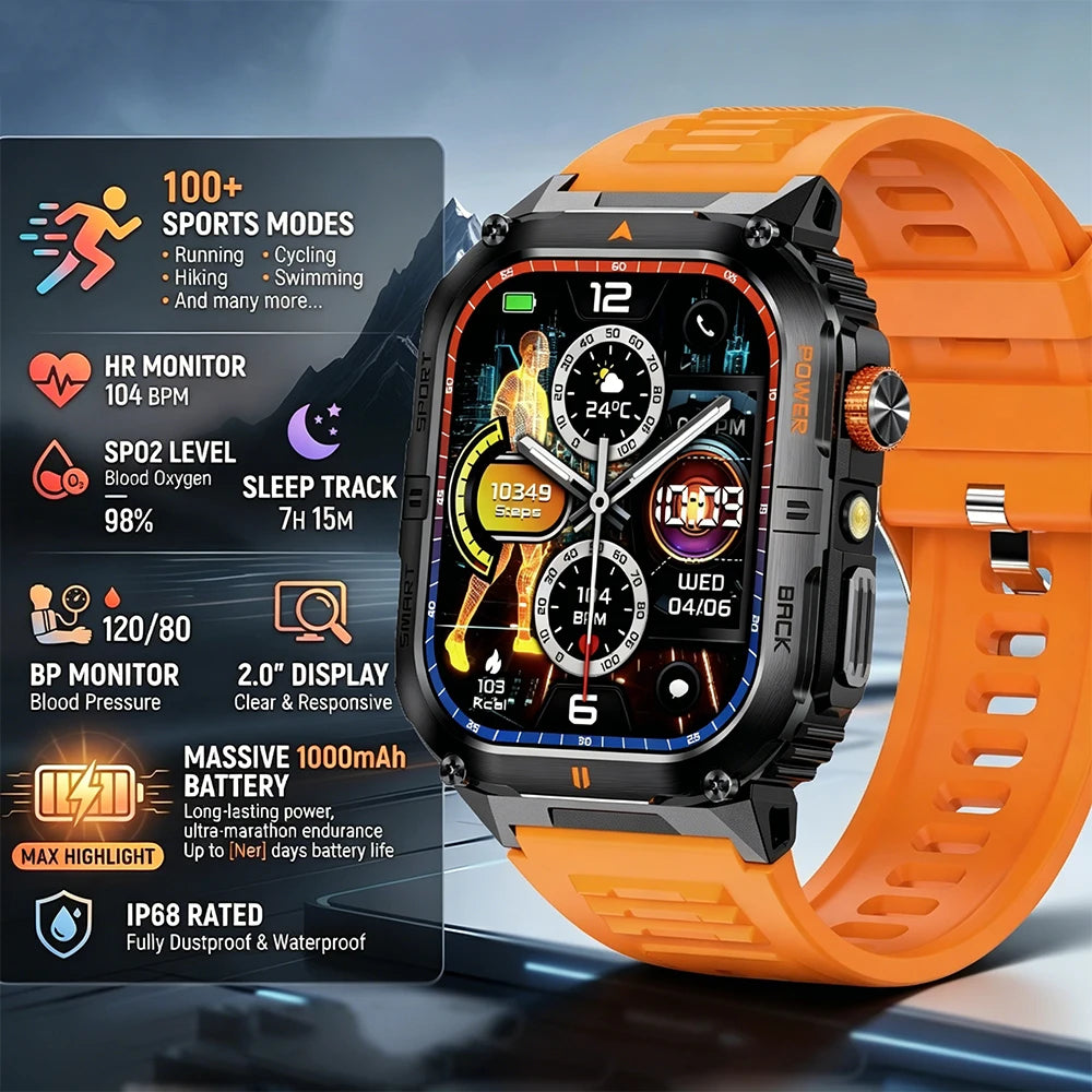 Hot Sell Gifts 2026 New Military SmartWatch Men Outdoor Sports IP68 Waterproof  LED Bluetooth Call Health Monitoring Men Women