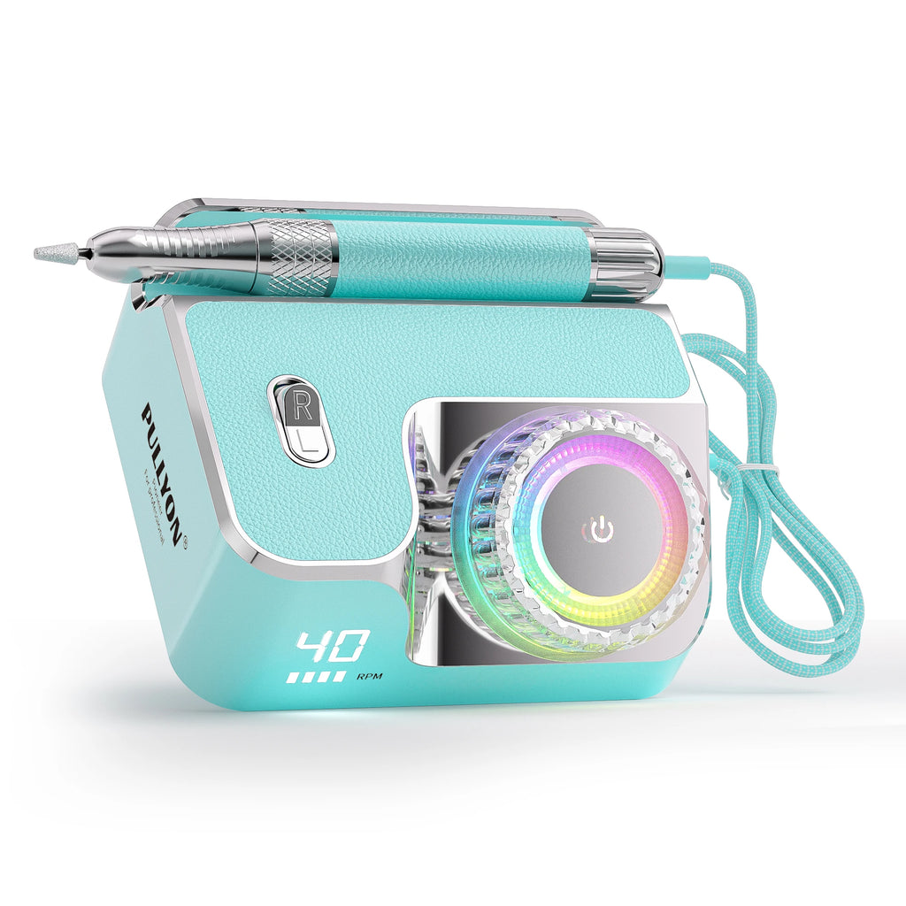 Teal 40000RPM rechargeable electric nail drill with LED display, metal handpiece, and RGB light ring for salon use.
