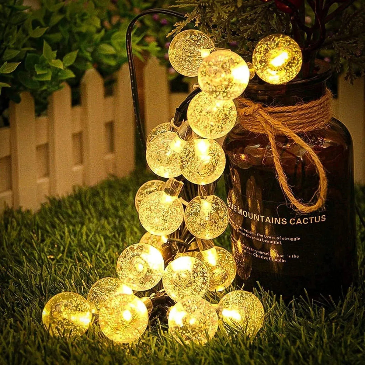Solar bubble ball LED string lights with warm glowing round bulbs draped on outdoor hedge.