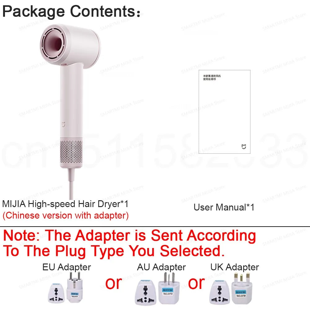 MIJIA high-speed hair dryer in soft pink, lightweight 347g design with user manual and international power adapter.