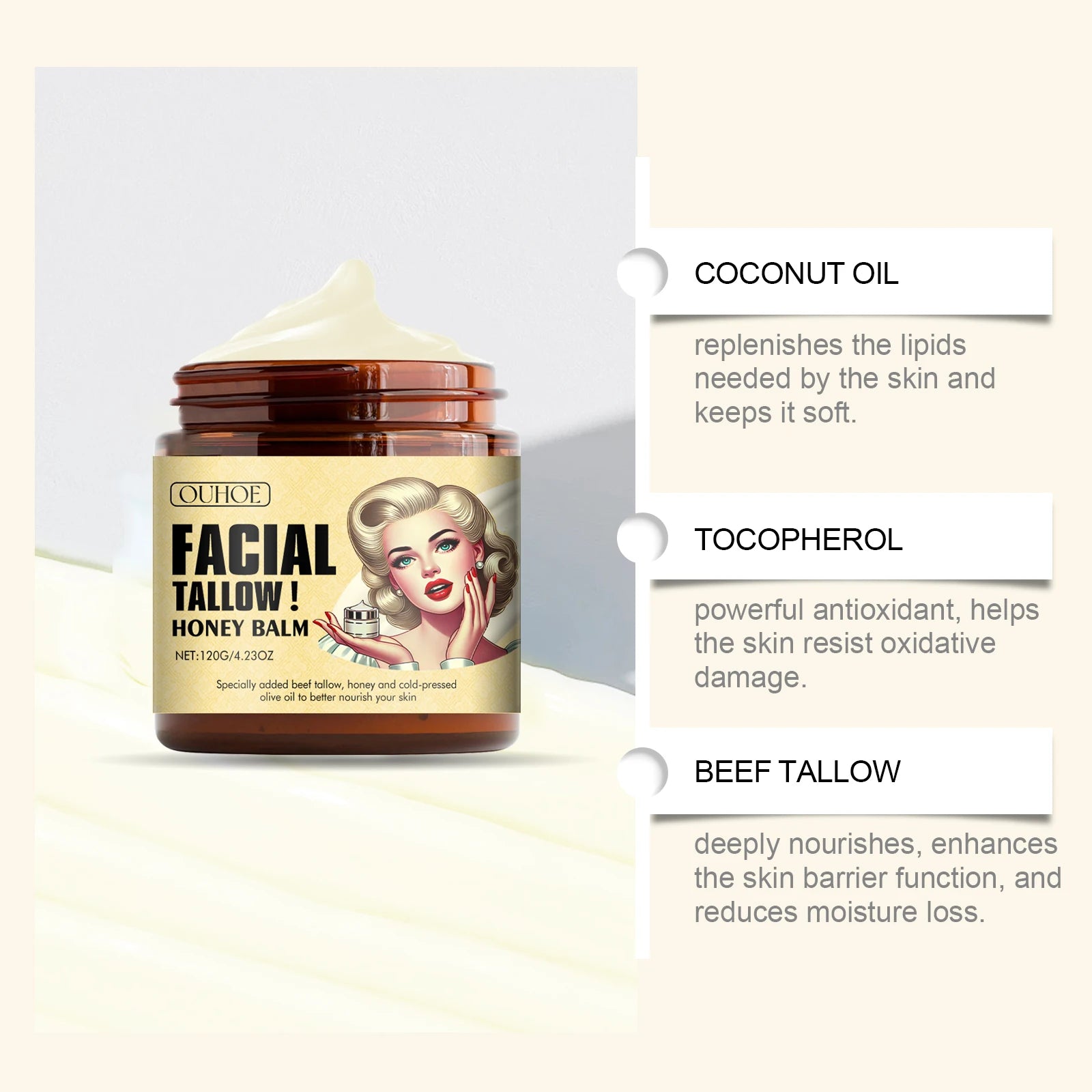 Tallow Honey Balm Fine Lines Removal Lifting Firming Tighten Smooth Improve Puffiness Hydrating Nourish Moisturizing Face Cream