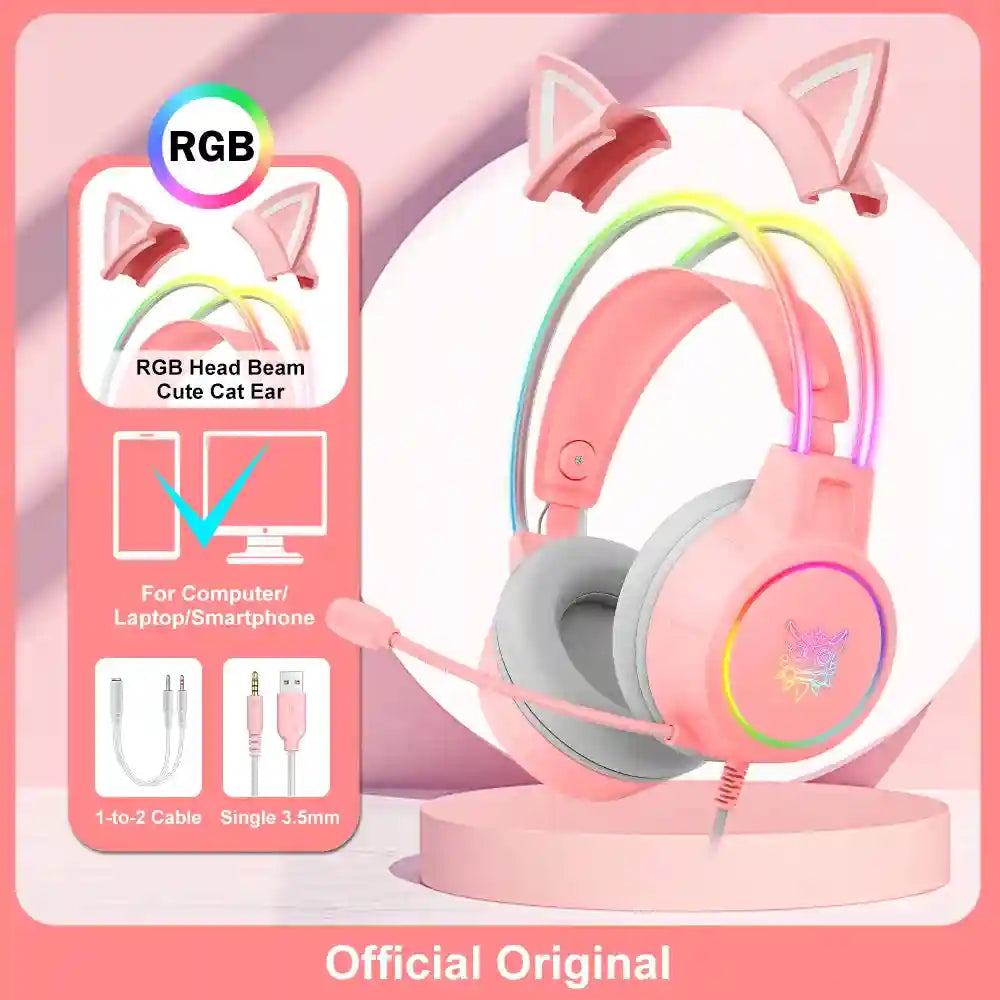 Gaming Headset with Mic - Wired Over-Ear Headphones for PC & Console Pink with Cat Ear Tidesmit