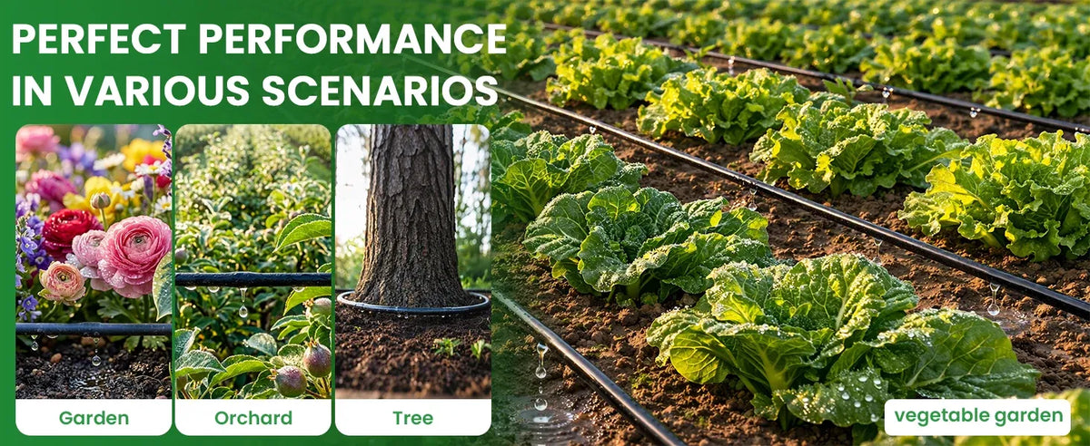 Black 1/4 in drip irrigation tubing line for garden beds, orchards, and trees