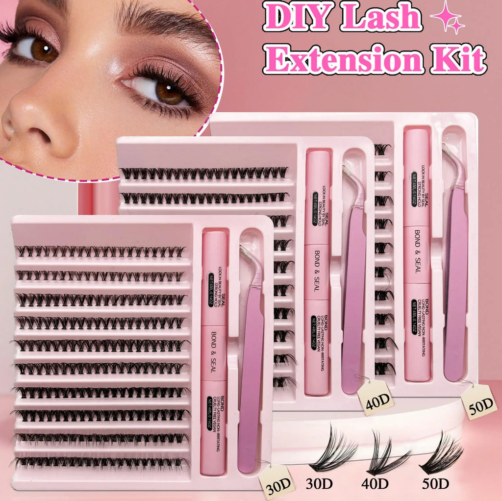 DIY lash cluster extension kit in pink trays with bond, seal, tweezers, and varied black lash clusters.