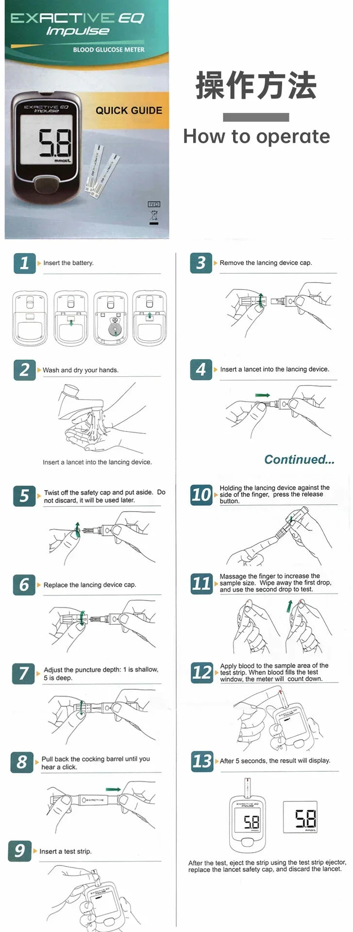 EXACTIVE EQ Impulse blood glucose meter quick guide showing step-by-step instructions for testing with test strips.
