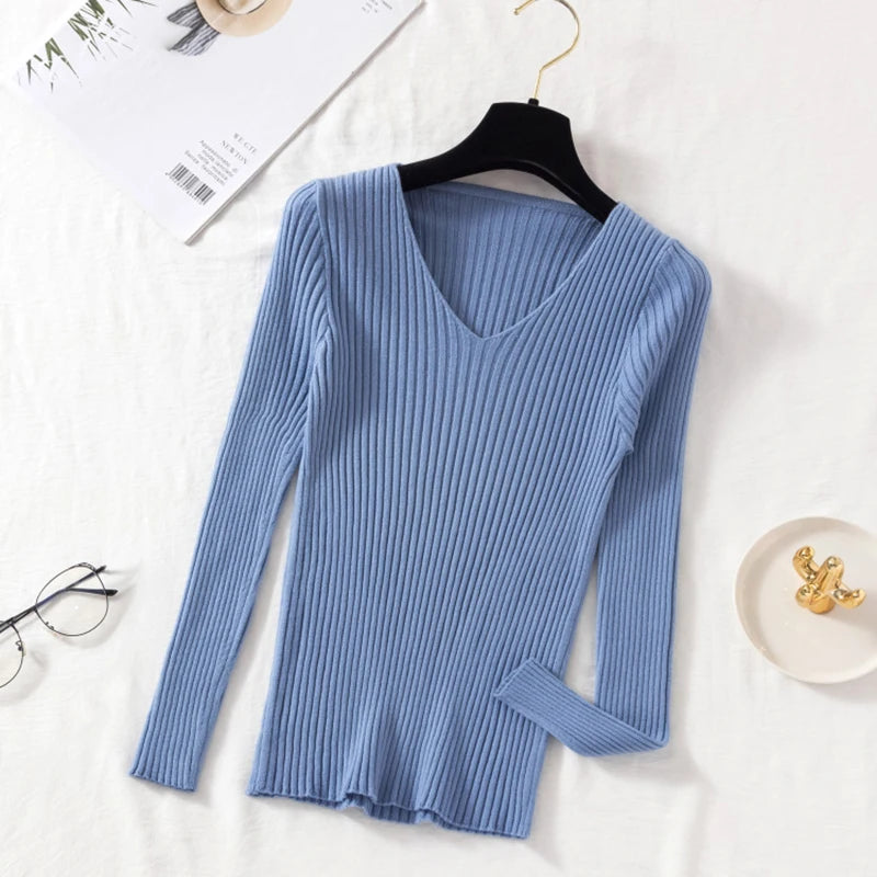 2026 Casual Long Sleeve Knitted V Neck Pullover Autumn Winter Women Sweaters Femme Basic Solid Jersey Tops Fashion Clothes