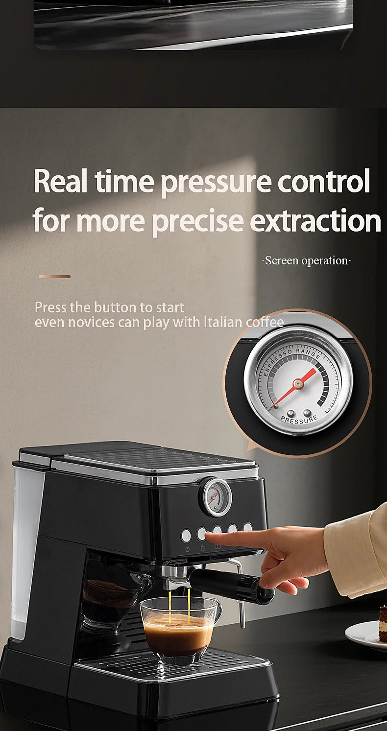 Black espresso machine with pressure gauge, manual button operation, and transparent water tank for home brewing.