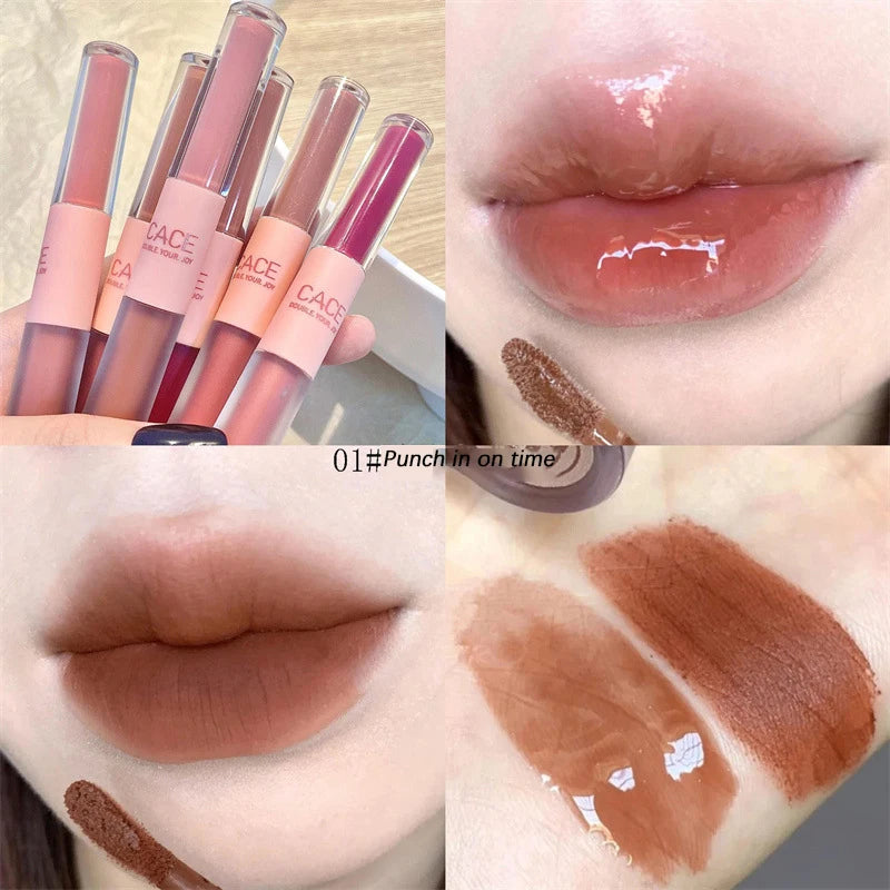 Double-ended matte and mirror lip gloss set in warm brown shades, featuring waterproof, moisturizing velvet texture.