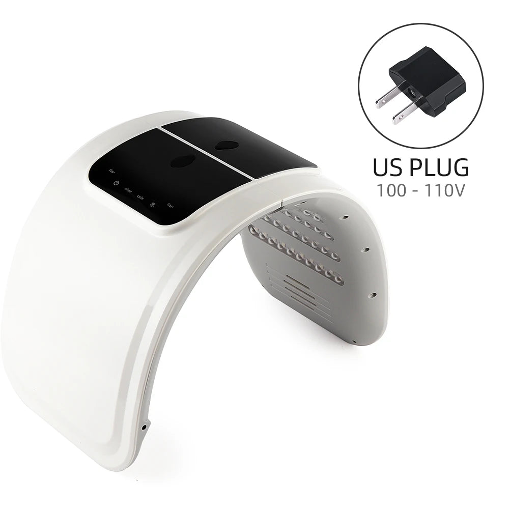 White arched LED light therapy facial mask with black control panel and US plug adapter.